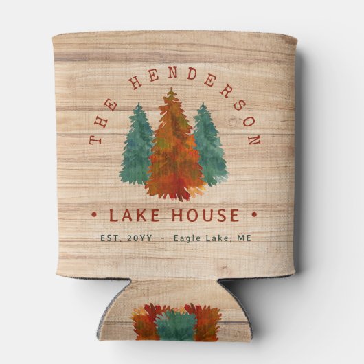 ファミリーネームレイクハウスパインツリーウッドパーソナライズされた 缶クーラー (裏面)