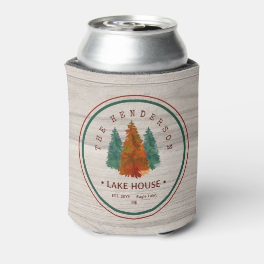 ファミリーネームレイクハウスパインツリーウッドパーソナライズされた 缶クーラー (缶裏面)