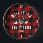 ファミリーネーム素朴キャビンコテージレトロレッドプレイド 壁時計<br><div class="desc">パイン素朴スの木や森や鳥が赤いバッファローの格子模様に印刷されカスタムて、あなたのコテージ、キャビン、湖の家またはその他のパーソナルな名前に囲まれたトレンディーの森の山間のデザインと壁時計が設立された年。</div>