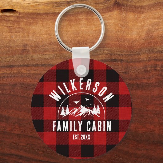 ファミリーネーム素朴キャビンレイクハウスレッドプレイド キーホルダー (裏面)