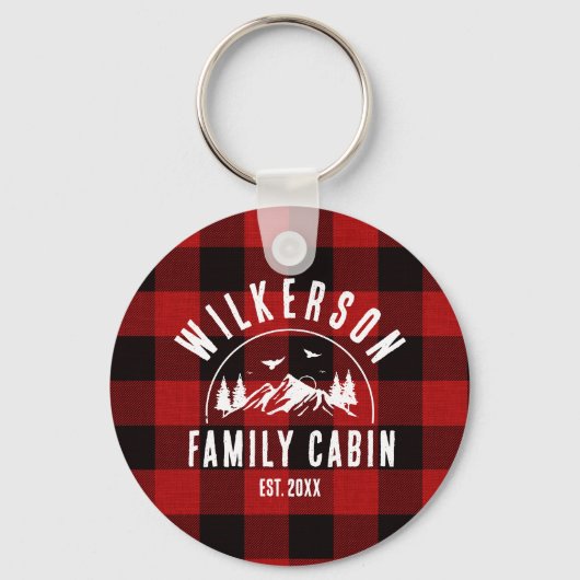ファミリーネーム素朴キャビンレイクハウスレッドプレイド キーホルダー (裏面)