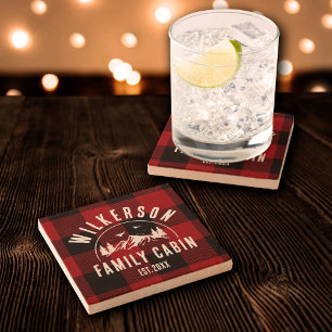 ファミリーネーム素朴キャビンレイクハウスレッドプレイド ストーンコースター