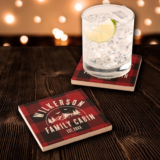 ファミリーネーム素朴キャビンレイクハウスレッドプレイド ストーンコースター