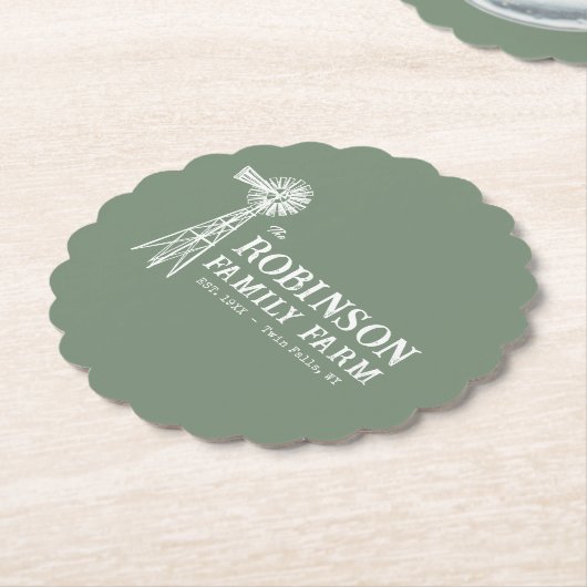 ファミリーネーム素朴ファームウィンドミルセージグリーン ペーパーコースター (アングル)