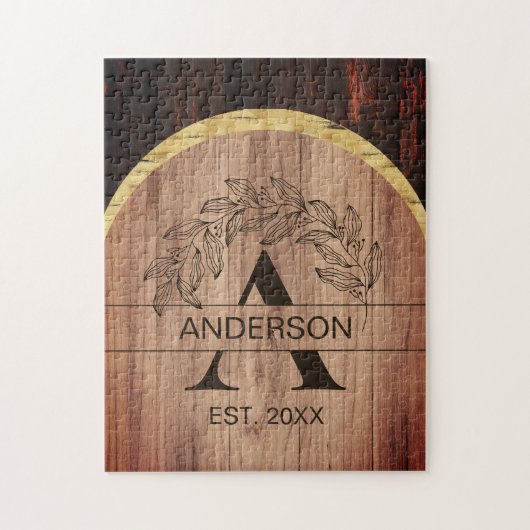 ファミリーネーム素朴ファームハウスウッドモノグラムの金ゴールド ジグソーパズル (縦)