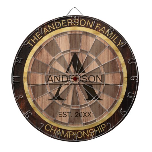 ファミリーネーム素朴ファームハウスウッドモノグラムの金ゴールド ダーツボード (正面)