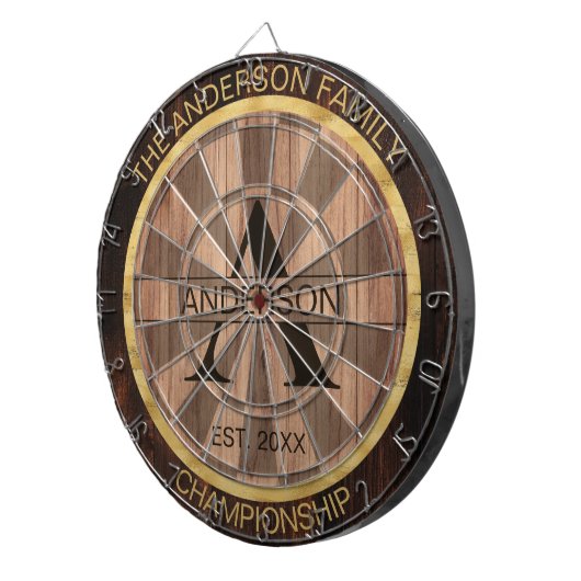 ファミリーネーム素朴ファームハウスウッドモノグラムの金ゴールド ダーツボード (正面右)