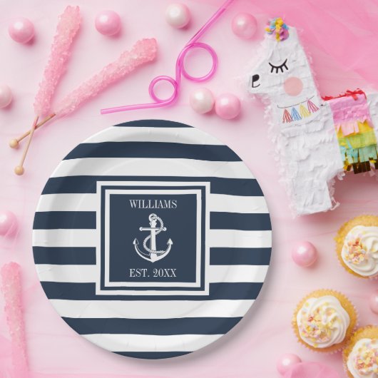 ファミリーネーム航海のいかりボートネービーブルーストライプ ペーパープレート (パーティー)
