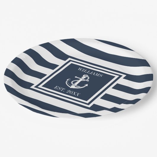 ファミリーネーム航海のいかりボートネービーブルーストライプ ペーパープレート (アングル)