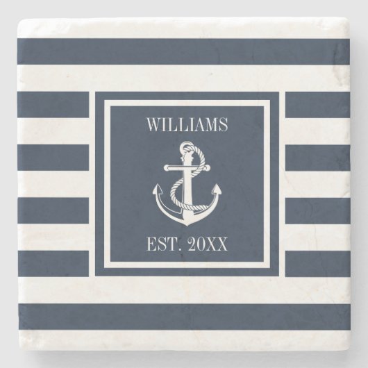 ファミリーネーム航海のボートいかりネイビーブルーストライプ ストーンコースター (正面)