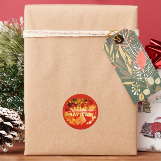 ファミリーネーム 赤 金色 Feliz Navidad クリスマス ラウンドシール (クリスマス)