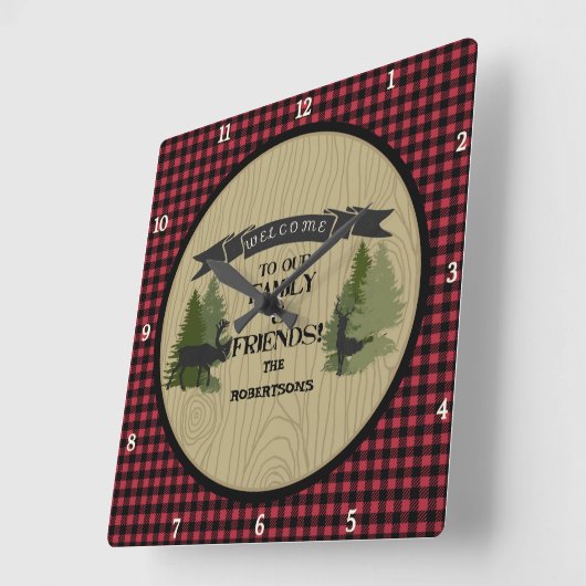 ファミリーパーソナライズされたウェルカムマウンテンレイクキャビン スクエア壁時計 (傾斜)