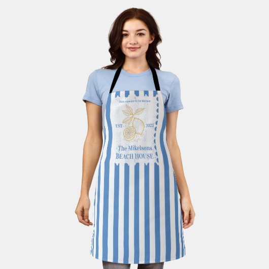 ファミリーパーソナライズされたコースタルレモンビーチハウスデコ エプロン (着用した状態)