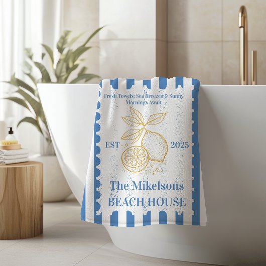 ファミリーパーソナライズされたコースタルレモンビーチハウスデコ バスタオル