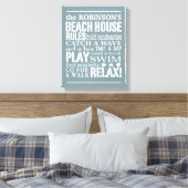 ファミリーパーソナライズされたビーチハウスルールブルー |白 キャンバスプリント (インサイチュ (寝室))