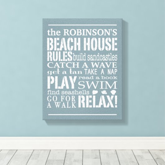 ファミリーパーソナライズされたビーチハウスルールブルー |白 キャンバスプリント (インサイチュ (ウッドフロア))