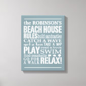 ファミリーパーソナライズされたビーチハウスルールブルー |白 キャンバスプリント (正面)