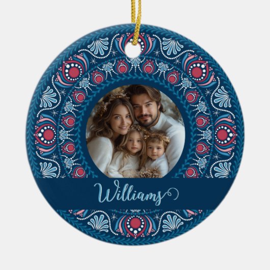 ファミリーパーソナライズされたポートレートブルーフェスティバルマンダラ セラミックオーナメント (正面)