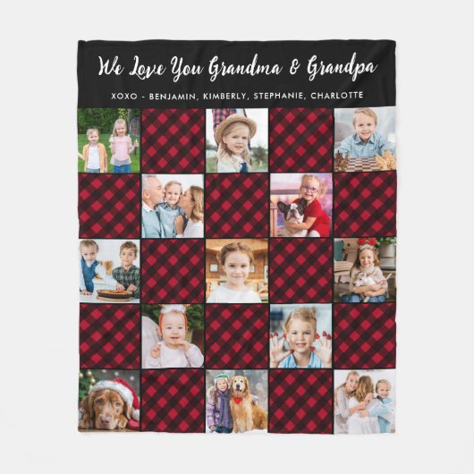 ファミリーパーソナライズされたレッドプレイドキルト13写真 フリースブランケット (正面)