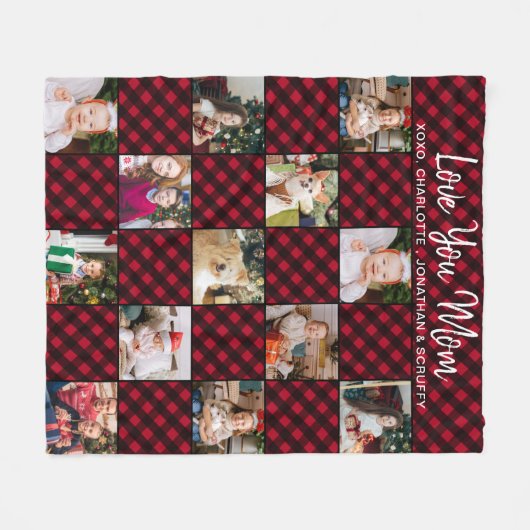 ファミリーパーソナライズされたレッドプレイド13フォトコラージュ フリースブランケット (正面(横))