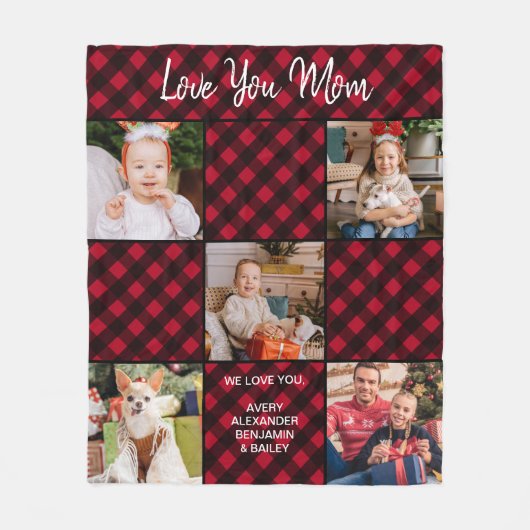 ファミリーパーソナライズされたレッドプレイド5フォトコラージュ フリースブランケット (正面)