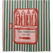 ファミリーパーソナライズされたレトロサーディンティンストライプズ シャワーカーテン (正面)