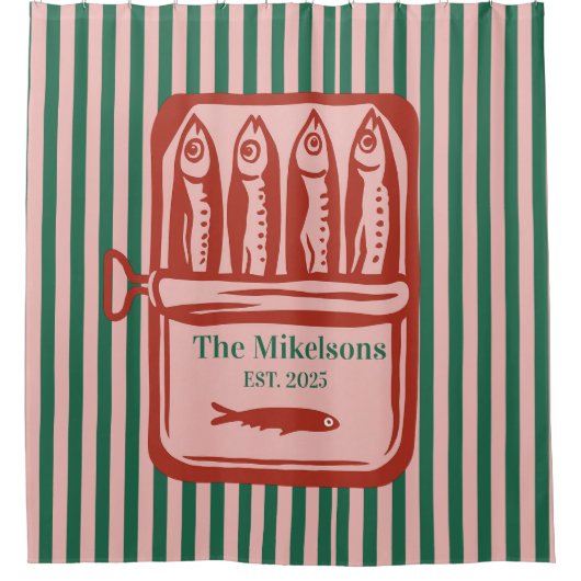 ファミリーパーソナライズされたレトロサーディンティンストライプズ シャワーカーテン (正面)