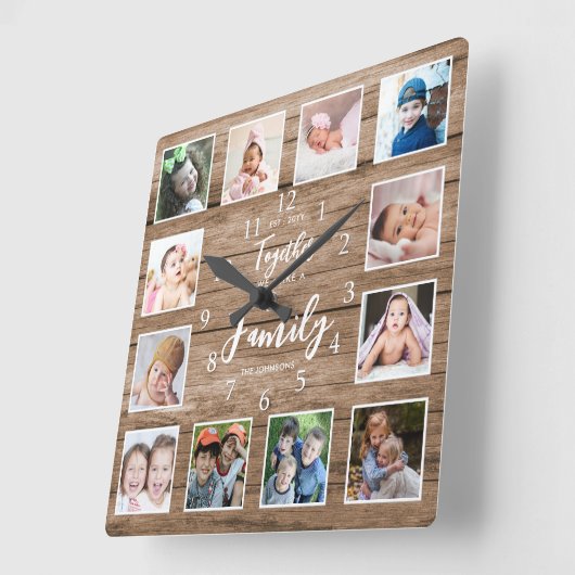 ファミリーパーソナライズされた引用文12フォトコラージウッド スクエア壁時計 (傾斜)