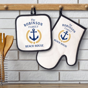 ファミリービーチハウスいかり金ゴールドローレルスターホワイト 鍋つかみ&鍋敷きセット