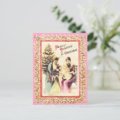 ファミリーピンクの可愛いヴィンテージクリスマスサンタ シーズンポストカード (スタンド正面)