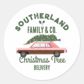 ファミリーピンクビンテージカークリスマスツリー配信 ラウンドシール (正面)