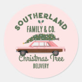 ファミリーピンクビンテージカークリスマスツリー配信 ラウンドシール (正面)