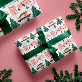 ファミリーピンクヴィンテージカークリスマスツリータウン ラッピングペーパー