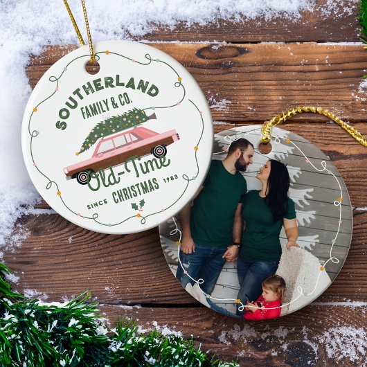 ファミリーピンクヴィンテージカー古いクリスマス セラミックオーナメント
