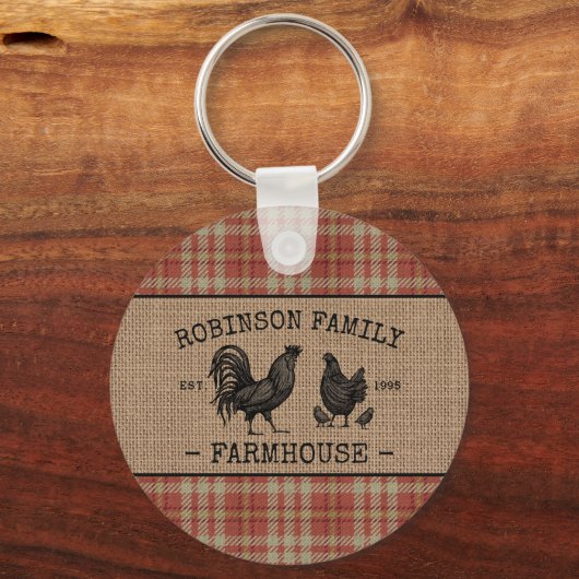 ファミリーファームハウスヴィンテージレッドプレイドバーラップラウンド キーホルダー (正面)