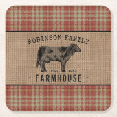 ファミリーファームハウス素朴カウレッドプレイドバーラップ スクエアペーパーコースター (正面)