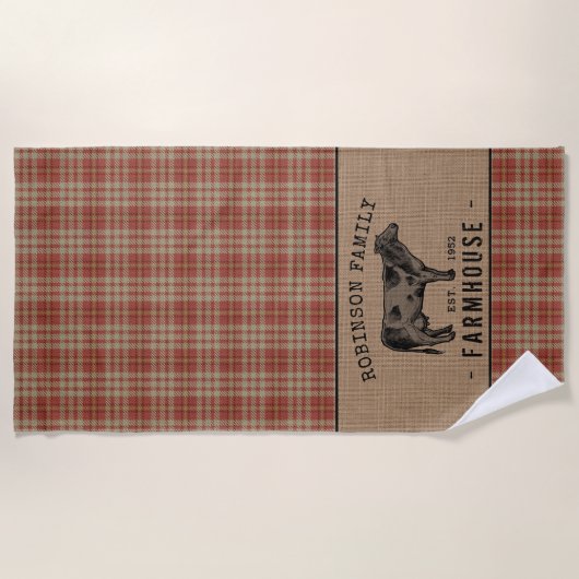 ファミリーファームハウス素朴カウレッドプレイドバーラップ ビーチタオル (正面)