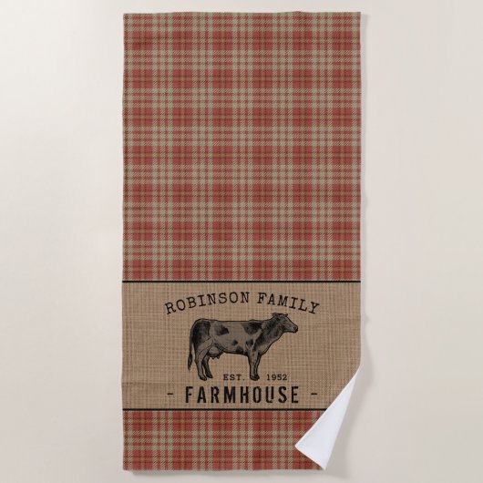 ファミリーファームハウス素朴カウレッドプレイドバーラップ ビーチタオル (正面)