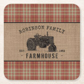 ファミリーファームハウス素朴トラクターレッドプレイドバーラップ スクエアペーパーコースター (正面)