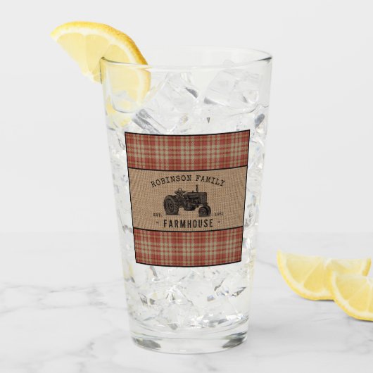 ファミリーファームハウス素朴トラクターレッドプレイドバーラップ タンブラーグラス (アイス正面)