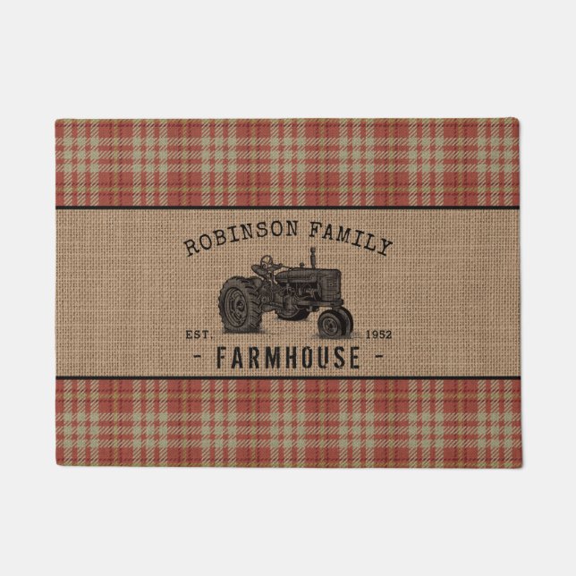 ファミリーファームハウス素朴トラクターレッドプレイドバーラップ ドアマット (正面)