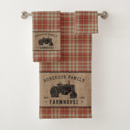ファミリーファームハウス素朴トラクターレッドプレイドバーラップ バスタオルセット