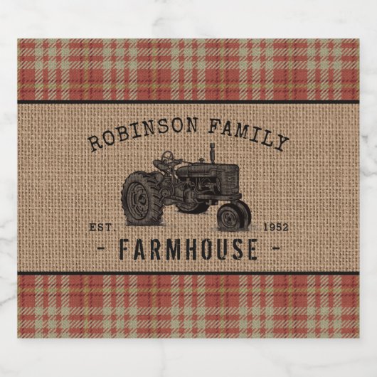 ファミリーファームハウス素朴トラクターレッドプレイドバーラップ リキュールボトルラベル (シングルラベル)