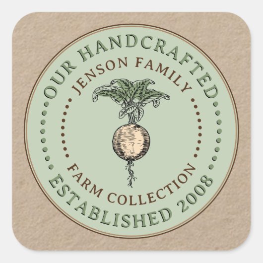 ファミリーファーム生産ラベルカニップグリーンon Kraft スクエアシール (正面)