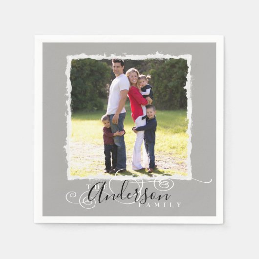 ファミリーフォトアドオン名グレー スタンダードカクテルナプキン (正面)