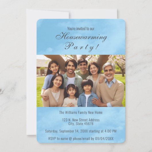 ファミリーフォトアンドブルースカイ引っ越し祝いパーティー招待状 案内状 (正面)