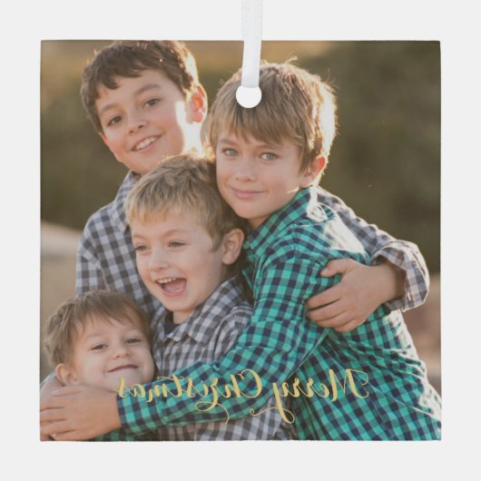 ファミリーフォトエレガント金ゴールドスクリプトクリスマスの作成 ガラスオーナメント (裏面)