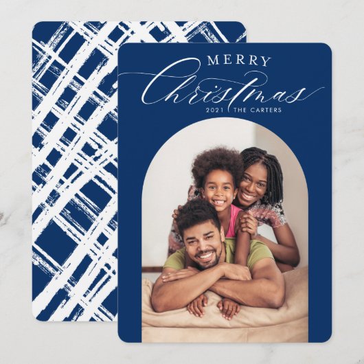 ファミリーフォトカードメリークリスマスアーチフレーム海軍 案内状 (正面/裏面)