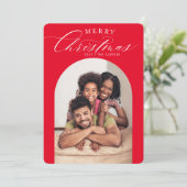 ファミリーフォトカードメリークリスマスアーチフレーム赤 案内状 (スタンド正面)