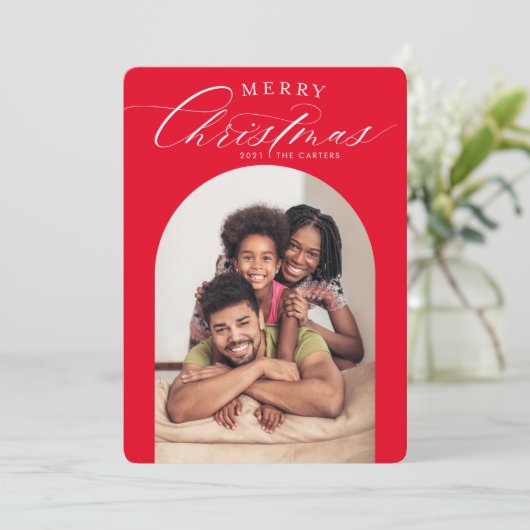 ファミリーフォトカードメリークリスマスアーチフレーム赤 案内状 (スタンド正面)